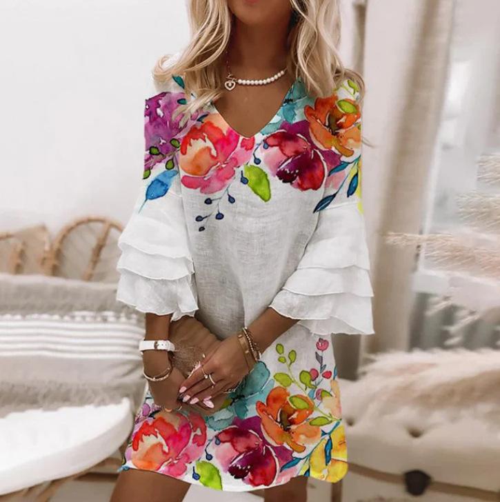 New, Fresh Printed V-Neck 3/4 Sleeve Mini Ladies Dress