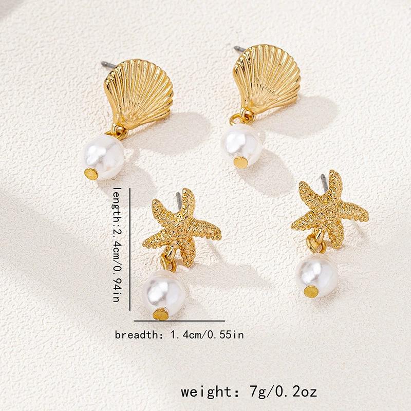 Vintage Metal Shell Starfish Pearl Drop Earrings For Women Trendy Gold Color Beach Shell Stud Earring Summer Jewelry Party Gifts