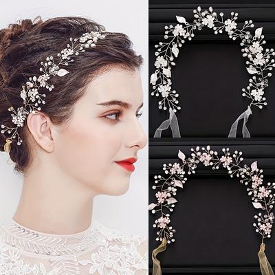 Trendy Handmade Wedding Hair Jewellery Leaf Flower Silver Color Pearl Crystal Headband Bridal Headdress Princess Party Headwear