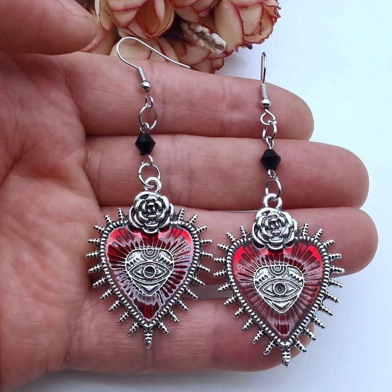 Gothic Punk Rose Heart Earrings with Blood-Colored Crystal Eye