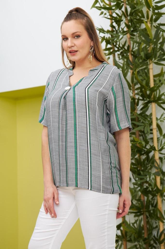 Damen Übergröße Bluse Plus Size Gestreifte Bluse mit Kragen Knopfdetail