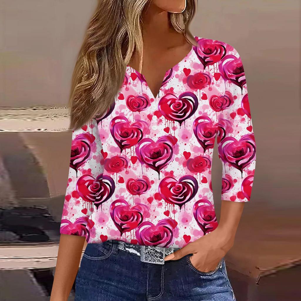 Women's Valentine's Day Printed V-Neck Casual Versatile Three-quarter Sleeve Button Top