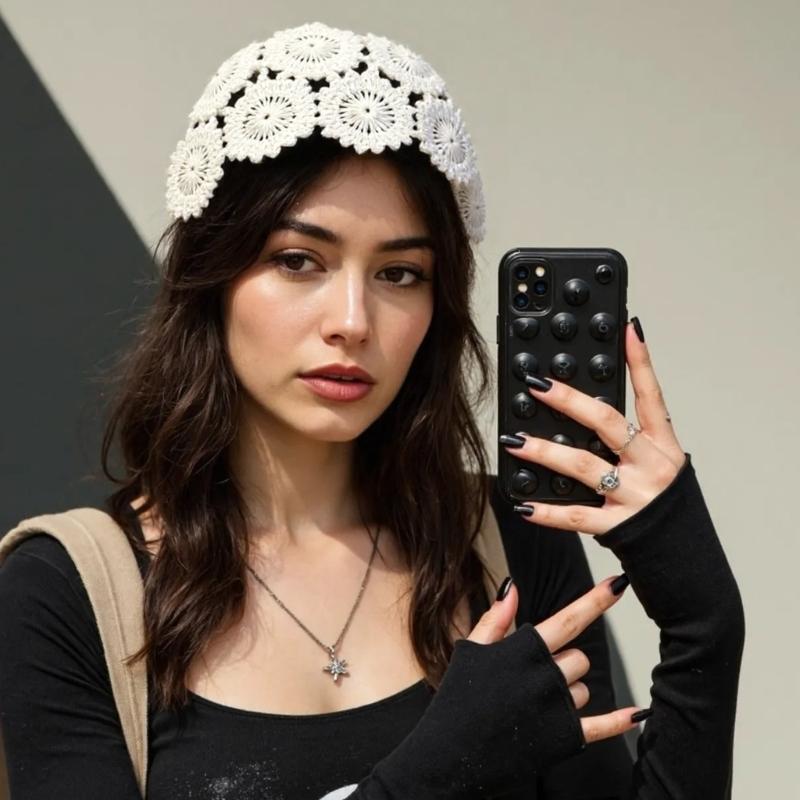 Fashion Hollowed Skull Hat Handmade Crochet Beanies Hat Flower Pattern Pullover Hat for Women Girl Various Occasion