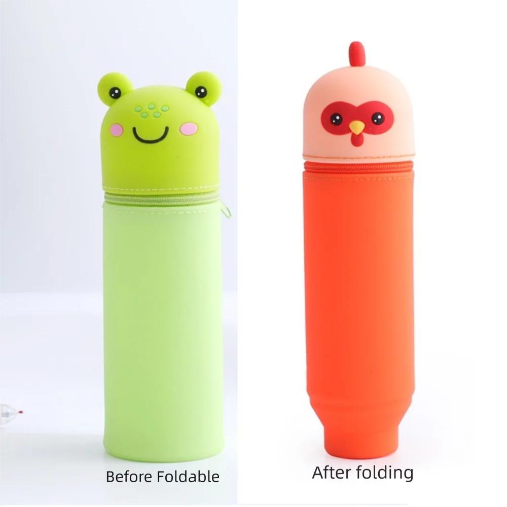 Cartoon Foldable Pen Case Dirt Resistant Silicone Pen Container Cute Animal Piggy Frog Rabbit Pencil Holder for Students