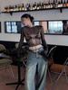 Korean Simple Lace Up Print T-shirts  Spring New Slim Fit Mesh Tops Women Y2k E-Girl Long Sleeve Bottoming Tee Shirt