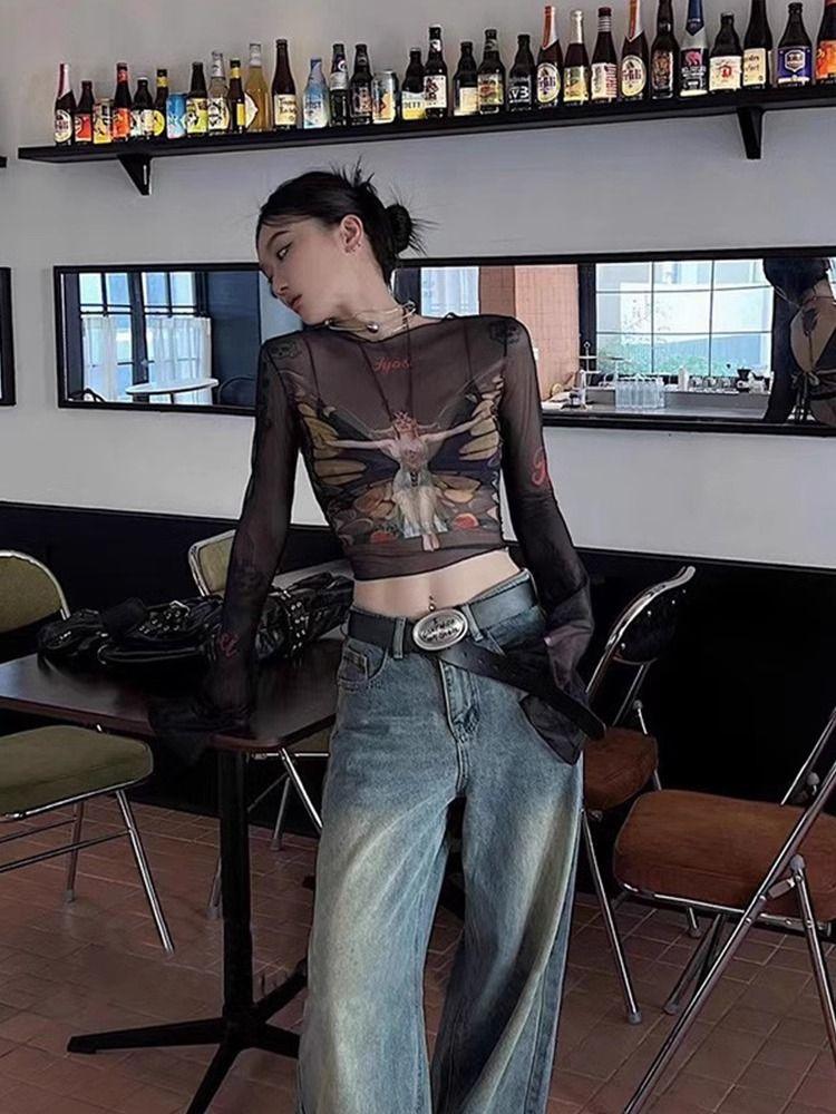 Korean Simple Lace Up Print T-shirts Spring New Slim Fit Mesh Tops Women Y2k E-Girl Long Sleeve Bottoming Tee Shirt