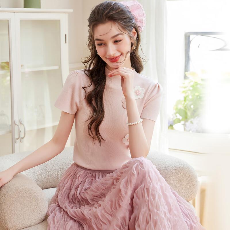 Haut Tricot Col Haut Perlé Floral Bailuyu pour Femme