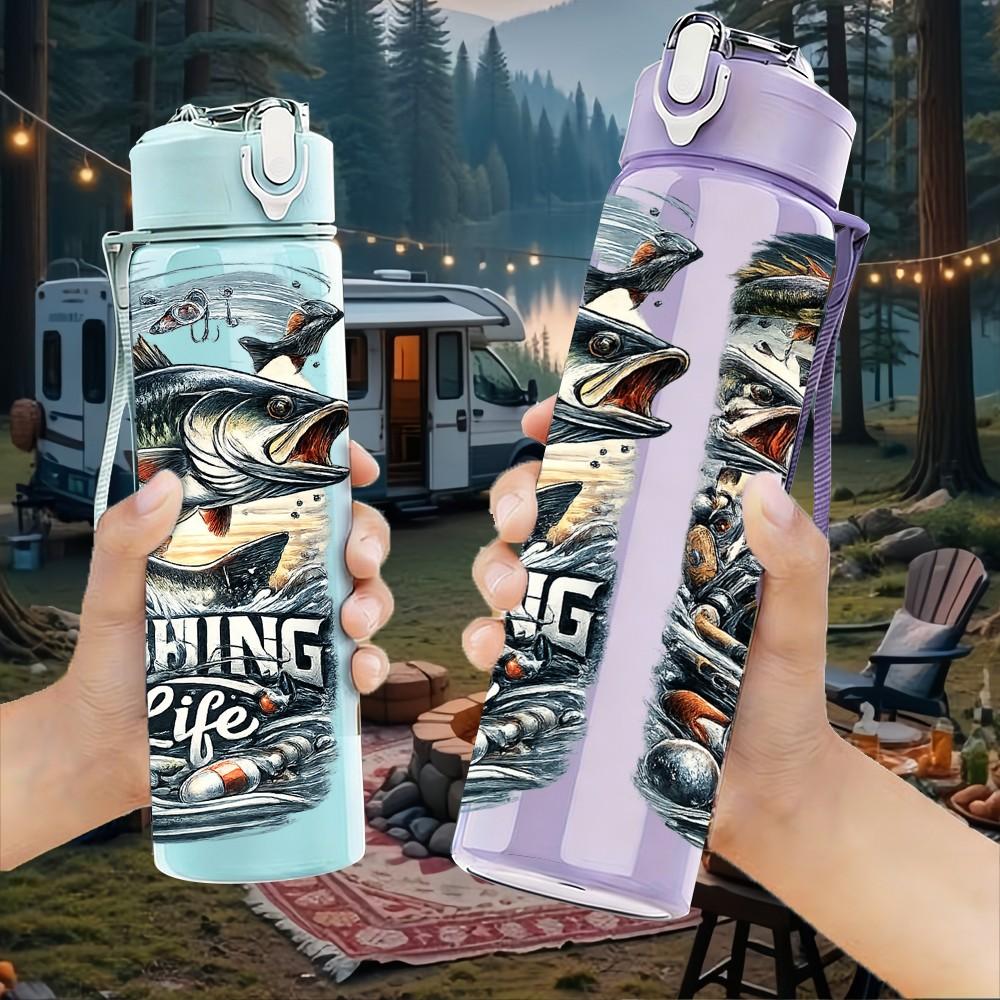 1PC Fishing Bass Fish Outdoor Scene Print 750ml Color Plastic Sports Water Bottle Leakproof Flip Straw Lid Suitable for Sports Office Home Use