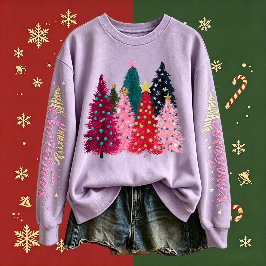Women's Fashion Long Sleeve Crewneck Pullover Sweatshirt with Christmas Print Top