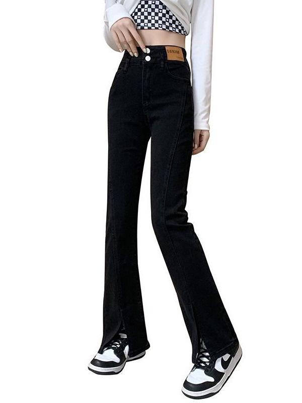 Plus Size High-Waisted Split Denim Flare Jeans for Women - Retro, Slimming, Floor-Length, Spring and Autumn Collection