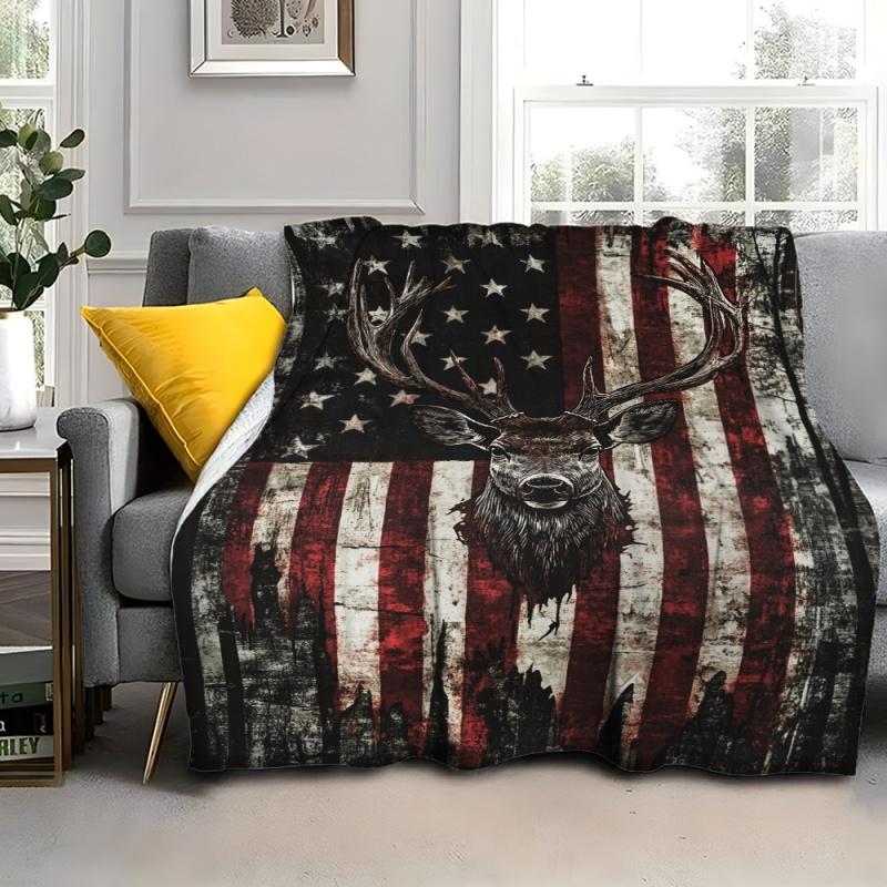 Vintage American Flag Deer Head Throw Blanket,Retro Distressed Elk Flag Print Soft Sofa Bed Cover,Rustic Hunting Blanket