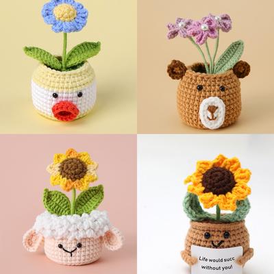 Mini Animal Crochet en Pot Mignon Tissé à la Main Fleurs Dessin Animé Créatif Tricoté à la Main Articles Décoratifs pour Voiture, Maison, Bureau, Étagère Cadeau