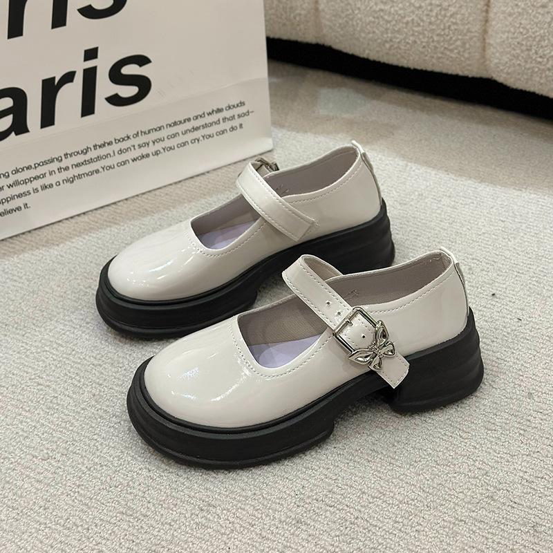 Franske Mary Jane-sko med høye hæler for kvinner, Retro, Enspennelukning, Allsidig sløyfe, Tykksålede, Chunky-hælede skinnsko