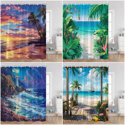 Tende da Doccia Paesaggio Marino Alberi di Cocco Foglie Tropicali Scenario Marino Decorazione Bagno Estate Hawaii Poliestere Tenda da Bagno