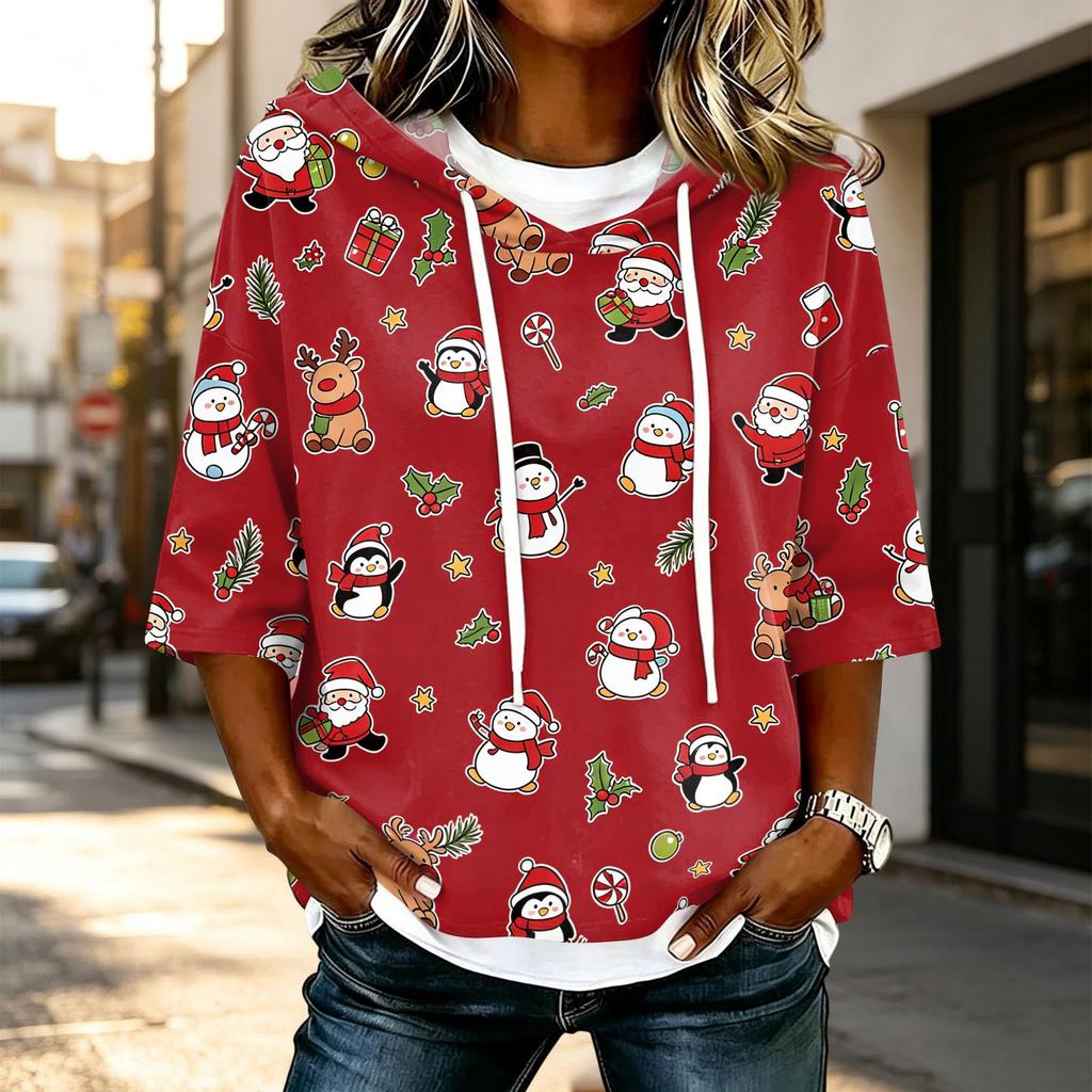 Women's Casual 3/4 Sleeve Hooded Christmas T-Shirt for Holiday Parties and Everyday Wear