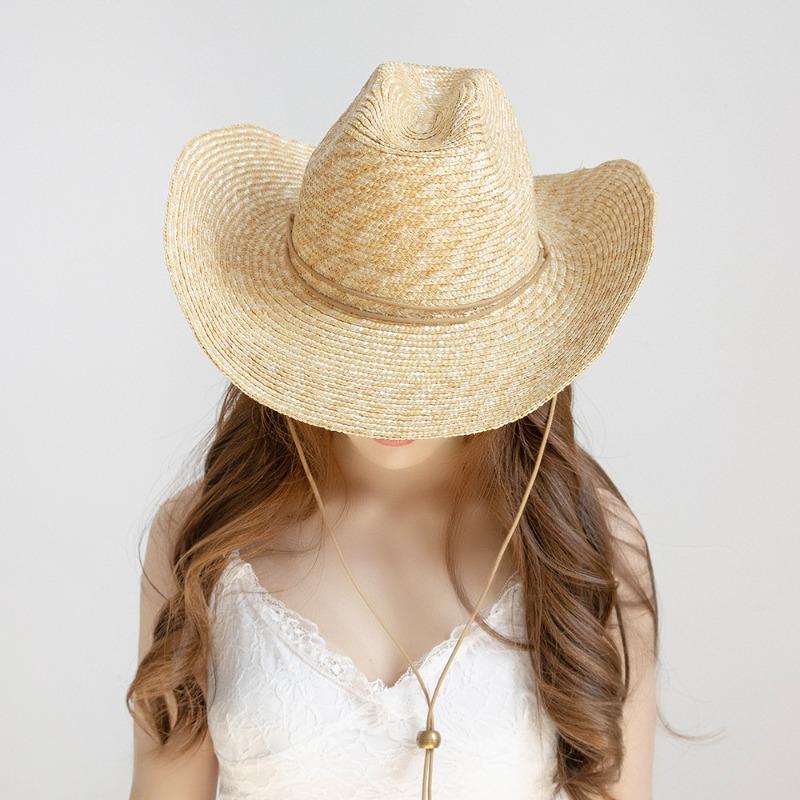M/L Hand Woven Wheat Straw Sun Hats Women Fashion Outdoor Travel Beach Panama Hat with Rope Lady Wide Brim Sunscreen Cowboy Hats