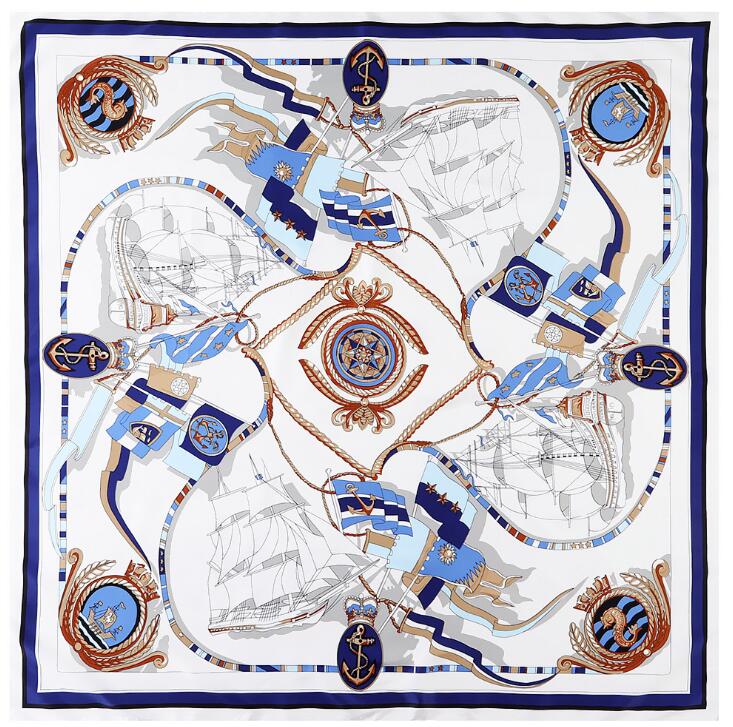 New Silk Scarf Women Large Shawls Fashion Sailing Boat Square Bandana Luxury Kerchief Hijab Scarf Female Foulards 130CM