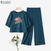 ZANZEA Women Half Sleeve Floral Blouse and Pants Casual Two Piece Suit Sets