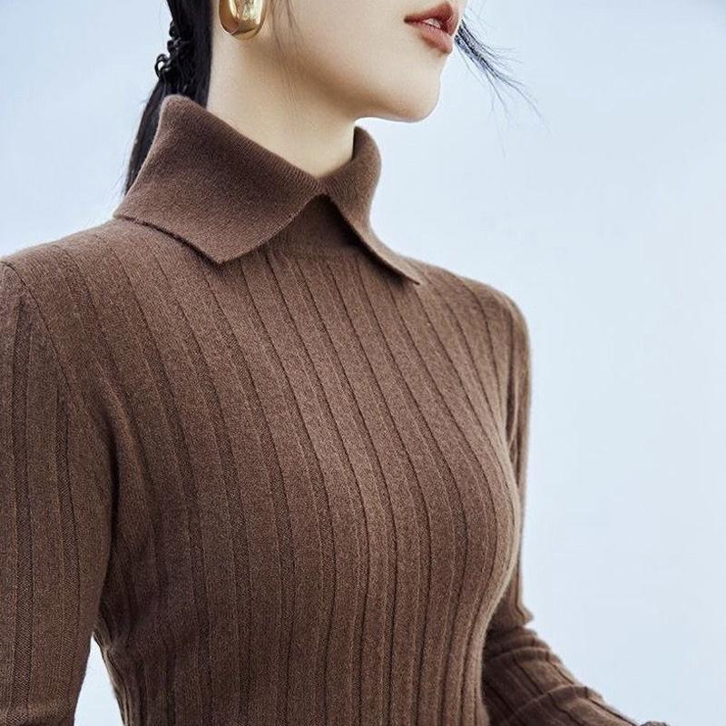 Autumn Winter Women Elegant Polo Collar Ribbed Knitted Sweater Solid Long Sleeve Slim Pullover Tops Basic Jumper Sweater
