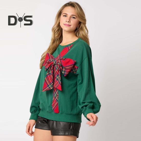 Christmas Hoodie Women O-Neck Long Sleeve Plaid Print Bowknot Decor Sport Tops Loose Fit Casual Pullover Tops