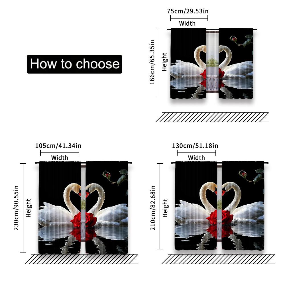2Pcs Red Rose Curtain White Swan Birds Romantic Flower Wild Animals Happy Valentine'S Day For Bedroom Living Room Dining Room