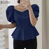 ZANZEA Womens Casual Round Neck Puff Sleeve Solid Color Loose Blouse