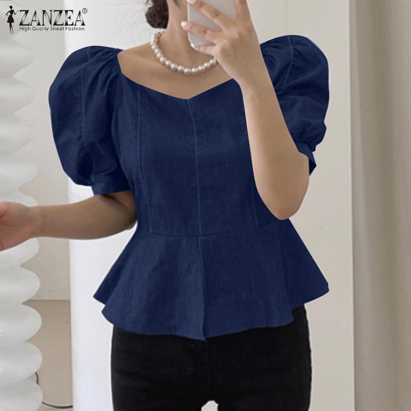 ZANZEA Womens Casual Round Neck Puff Sleeve Solid Color Loose Blouse