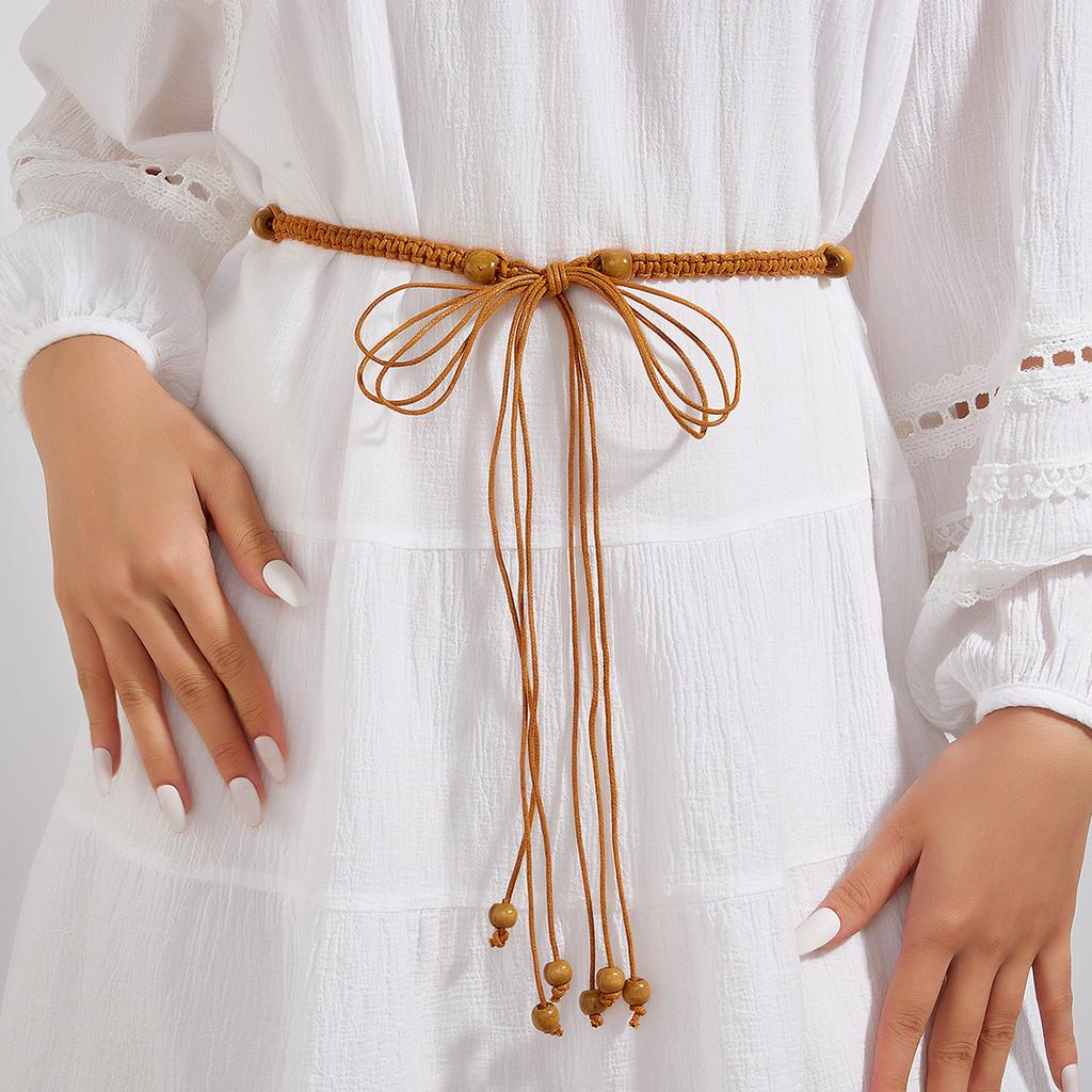 Inspired Cotton Ethnic Womens Belt Wooden Bead Pendant Fashion Waist Rope