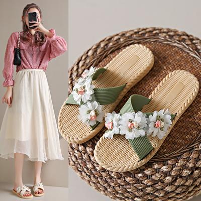 Abbigliamento Estivo da Esterno Resistente all'Usura Antiscivolo Cinturino Incrociato Fiori in Tessuto Piatti Tre Fiori Ciabatte da Donna