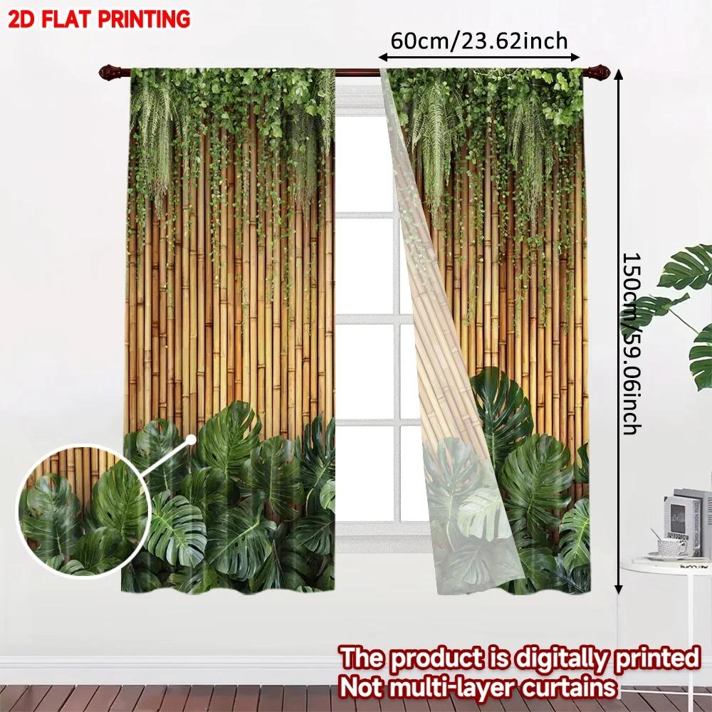 Set Of 2 Polyester Plant Curtains Digital Printing Natural Green Brown Zen Style Leaf Pattern Living Room Bedroom Decor Curtain Ideal For Sitting