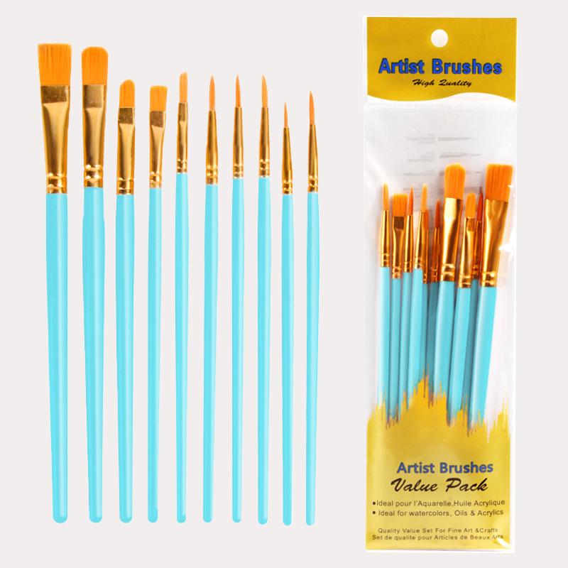 10-Piece Pearlescent Blue Oil & Watercolor Brush Set with Plastic Handles