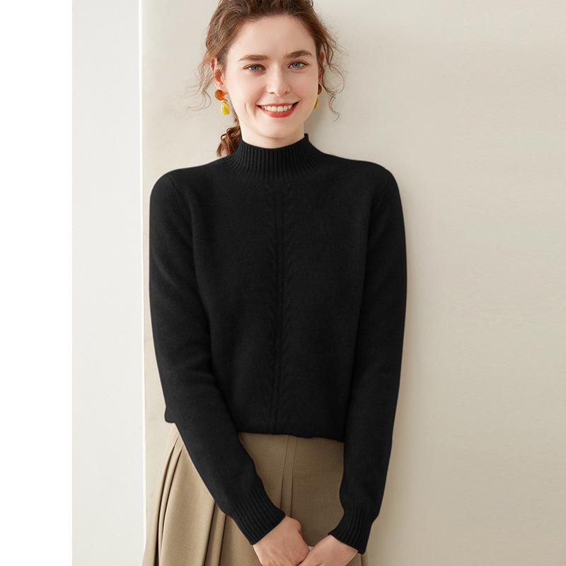 Women's High Neck Cashmere Sweater - Thick Knit Solid Color Jacquard Pullover for Autumn and Winter