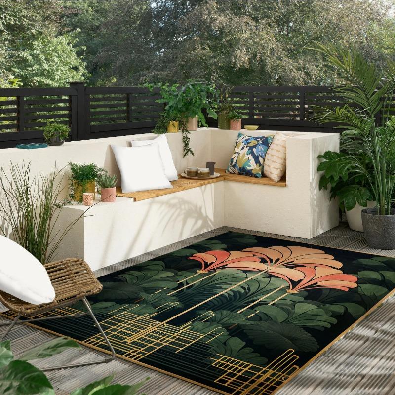 Art Deco Koberec pro Venkovní Použití Květinový Vzor Koberec pro Milovníky Přírody Bujný Zelený Zahradní Oáza Podlahová Dekorace Balkon Protiskluzový Koberec