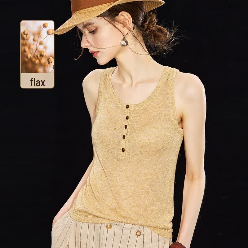 Wudao Linen Blend Knit Sleeveless Button Top M