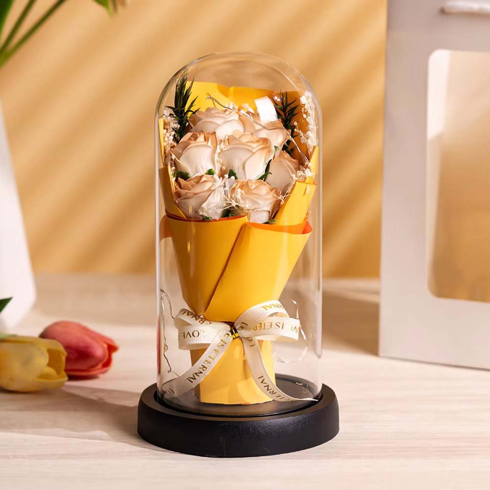 Real Touch Eternal Rose Dome with LED Lights Romantic Home Decor Preserved Flower Gift for Valentine Anniversary Wedding