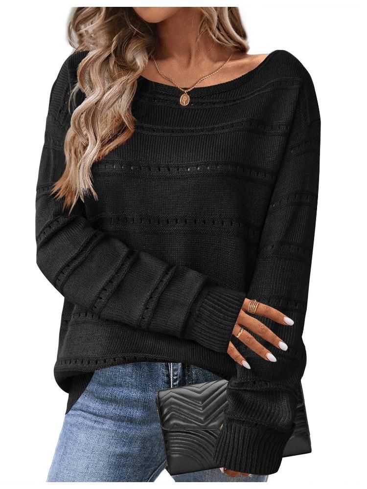 Autumn Winter Women's Cute Long Sleeved Off Shoulder Pullover Top Lace Up Crochet Knit Sweater Top Luxurious Relaxed-fit Slimming and Versatile Top