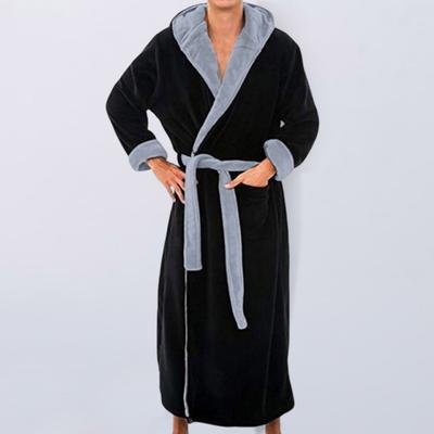 Men Nightgown Hooded Long Sleeve Color-Blocked Thickened Plush Robe Lace-up Belt Long Style Thermal Insulation Loungewear
