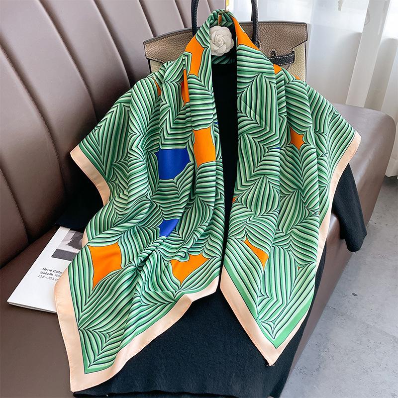 Luxury 90*90cm Square Women Silk Scarf Abstract Striped Print Design Hijabs Female Neckerchief Scarves Wrap Headband Bandana
