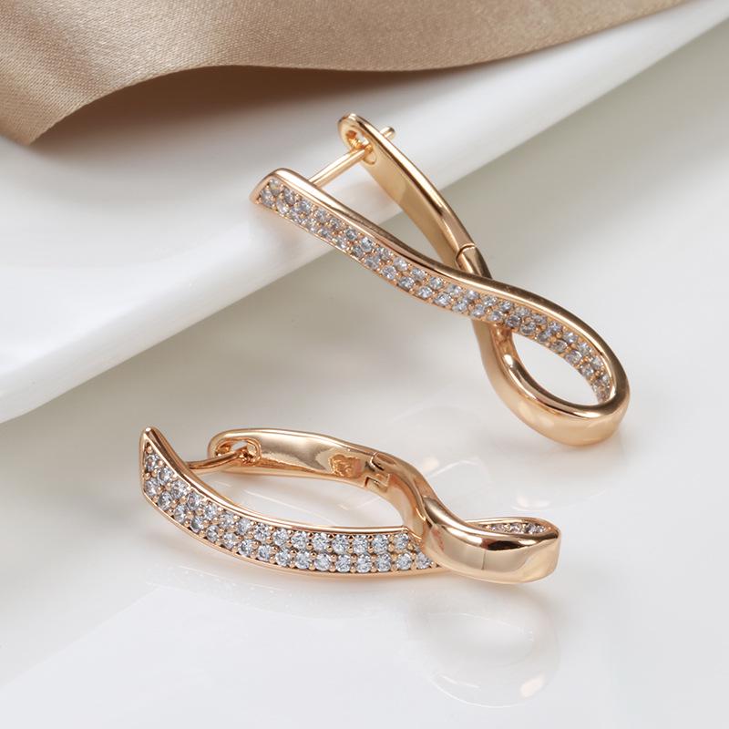 Earrings for Women: European & American Style, Geometric Cross Design, Zircon 585 Rose Gold French Earrings