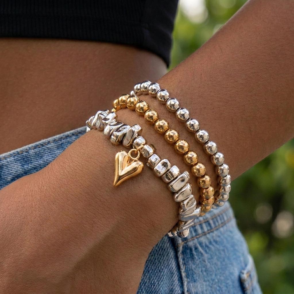 Retro Irregular CCB Bead Elastic String Bracelet Set for Women Simple Heart Shaped Multilayer Bracelet Charms Birthday Jewelry