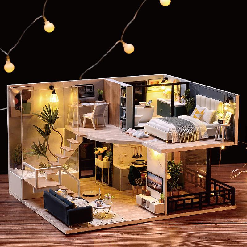 Puppenhaus Bausatz 3D Holz Mini Puppenhaus Montage Gebäude mit Möbelbausatz Spielzeug Kinder Geburtstagsgeschenk 3D Puzzle Handgefertigt