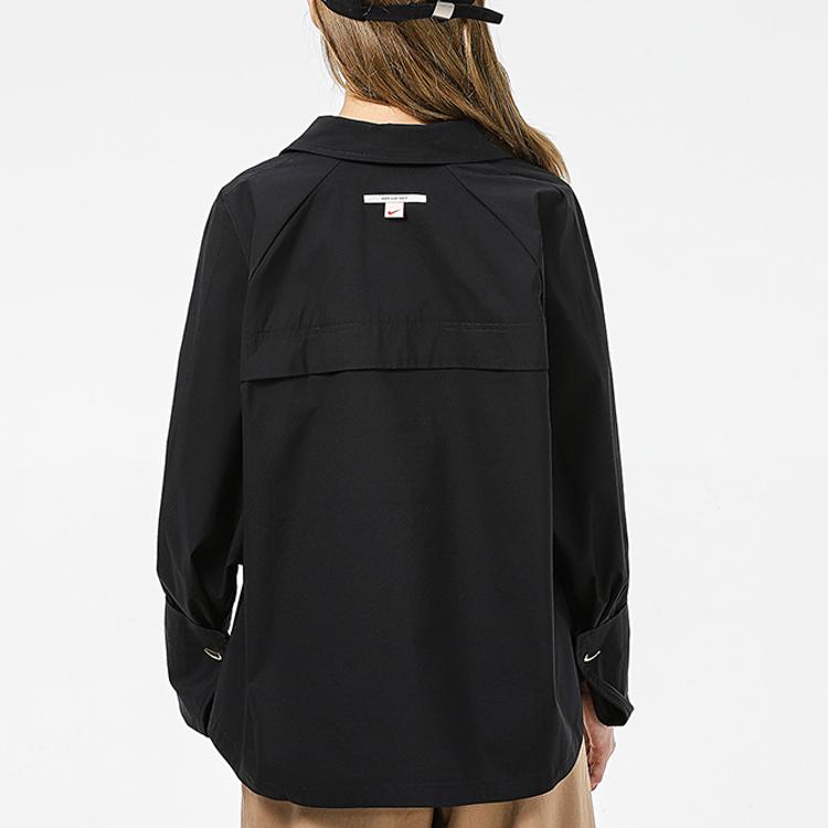 Nike Jednobarevná košile s límečkem se špičkami, jednořadým zapínáním na zlaté háčky, ležérní pletená s dlouhým rukávem, dámská košile, černá DR5997-010