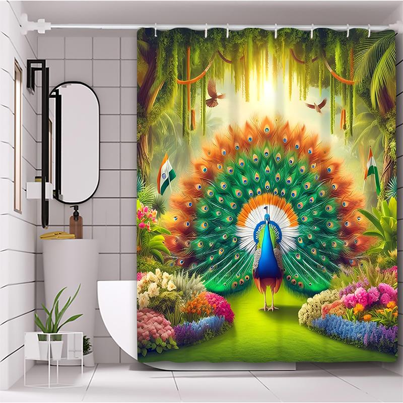 Peacock Landscape Pattern Bathing Curtain  Bathroom Letters Shower Curtain Waterproof With 12 Hooks Fishes Home Deco Free Ship