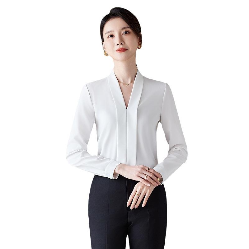 Women’s Long Sleeve V-Neck Chiffon Shirt - Elegant Design for Spring & Autumn Professional Interviews