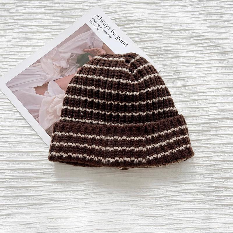 Japanese style Striped Letter Loose Large Headed Woolen Cap Warm and Versatile for Children In Autumn and Winter  Knitted Cap Pile Cap for Men