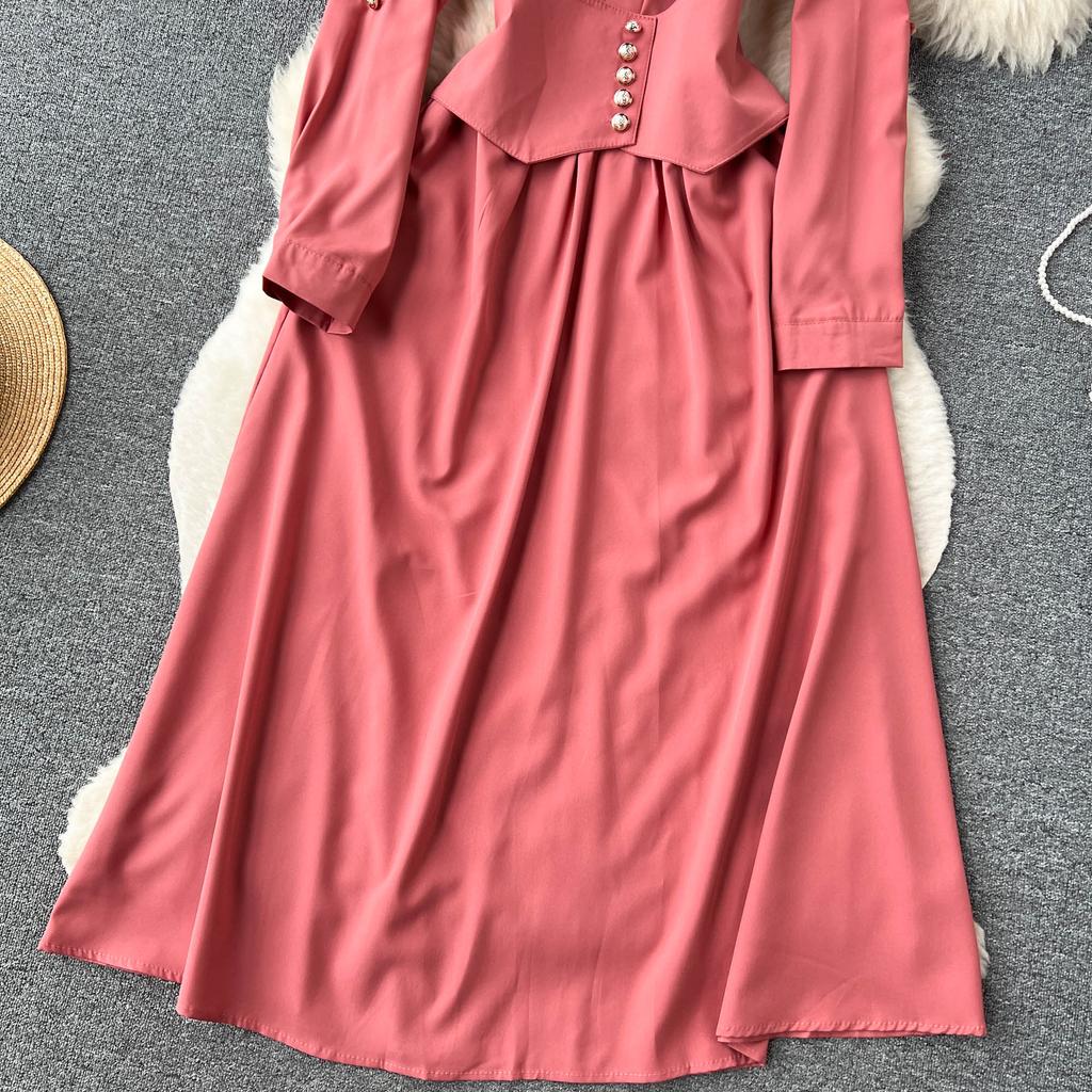 Aibeautyer nuevo Vintage Primavera Verano sólido ajustado botón vestido completo de señora una línea cuello vuelto gasa pulóver vestidos de mujer