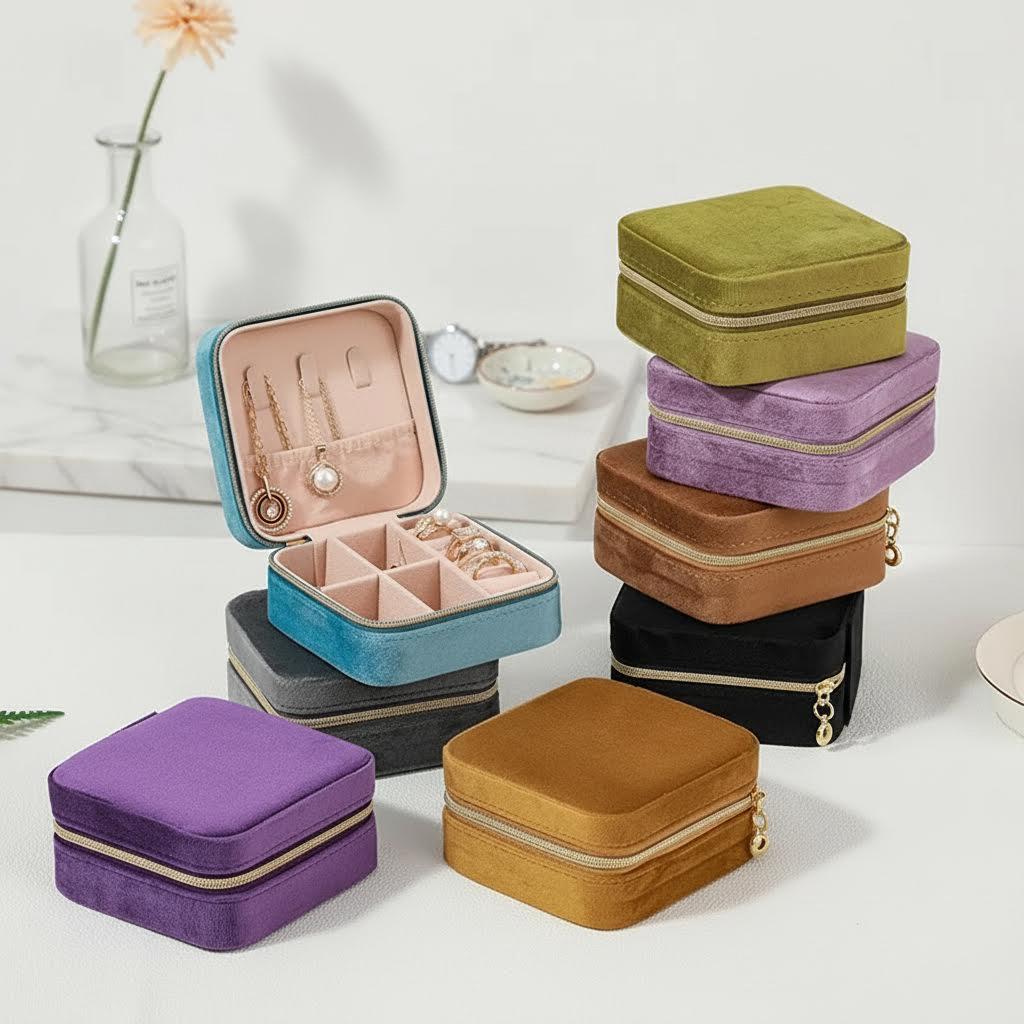 Velvet Jewelry Box For Women Necklace Ring Earrings Organizer Holder Travel Portable Zipper Square Jewelry Storage Case