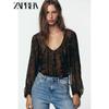 Zaprha 2025 Autumn New Leopard Print Print Pleat Translucent V-neck Long Sleeve Shirts Top 8792139