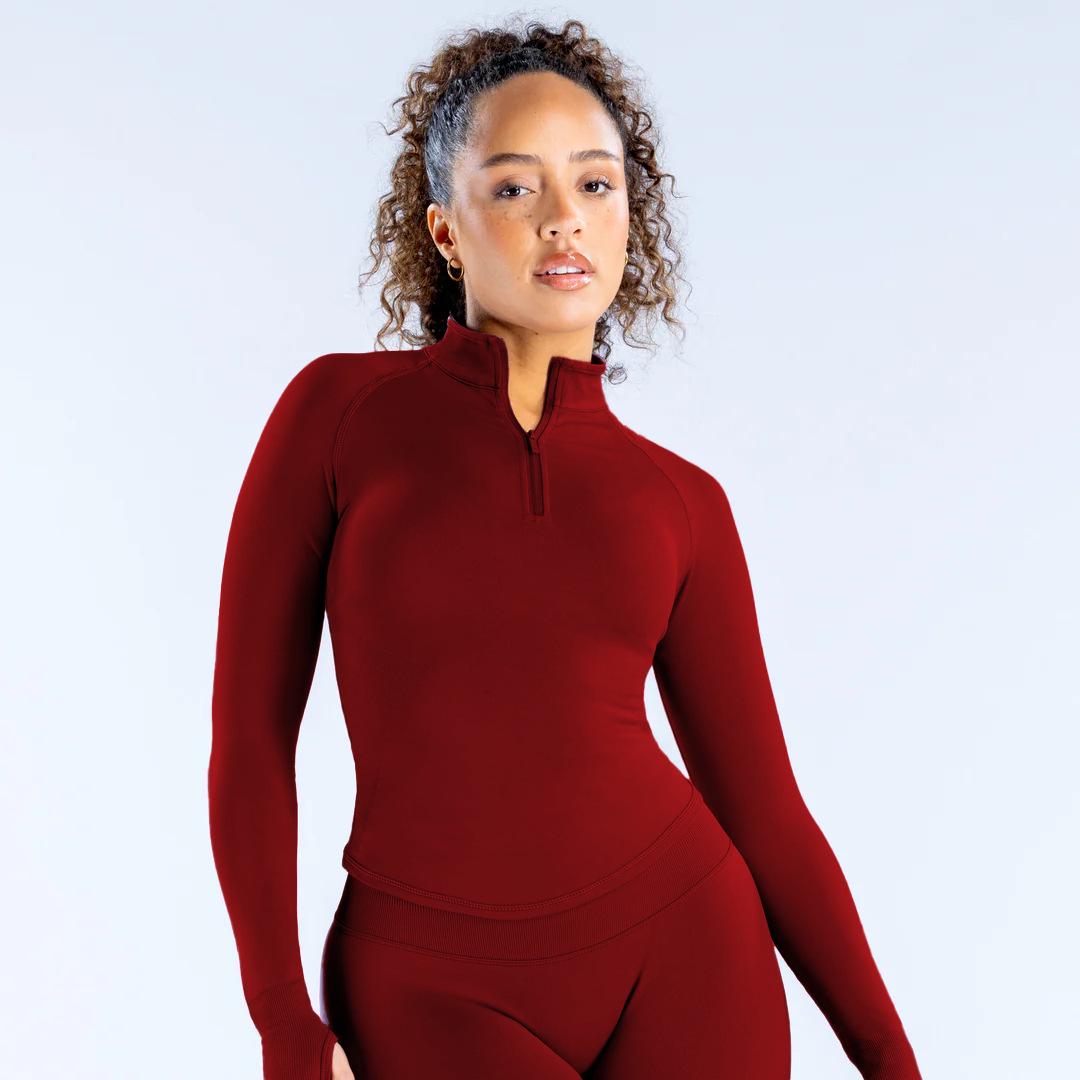 

Женский топ для йоги и фитнеса с воротником-стойкой и молнией до середины, с длинными рукавами - европейский и американский стиль Extra Small вино красного