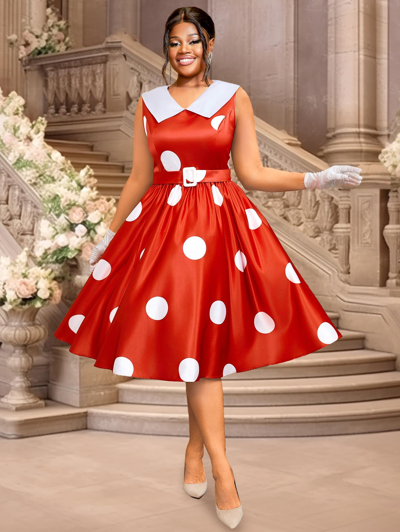 

AOMEI Элегантное винтажное платье без рукавов в горошек с отложным воротником, А-силуэт, платья для женщин 4XL красный